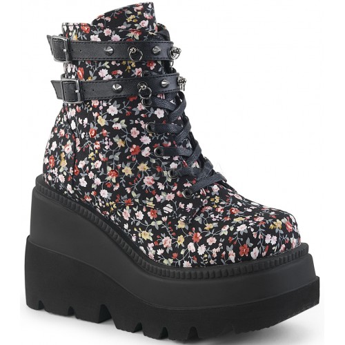 Shaker 52 Floral Print Womens Wedge Ankle Boot - Gothic Ankle Biker Boot
