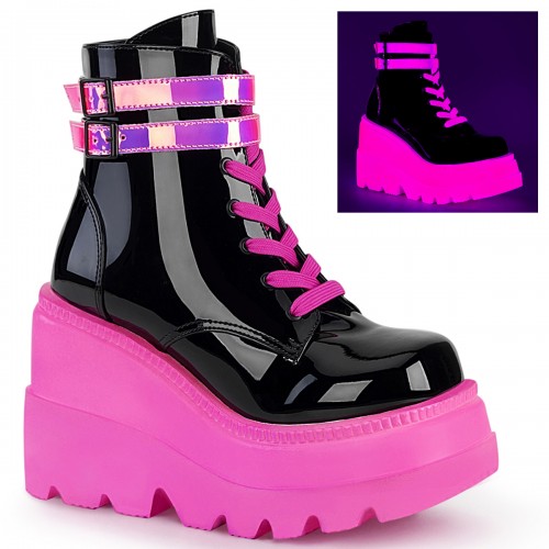 Black And Neon Pink Wedge Heel Womens Ankle Boot Festivals Gothic 6344