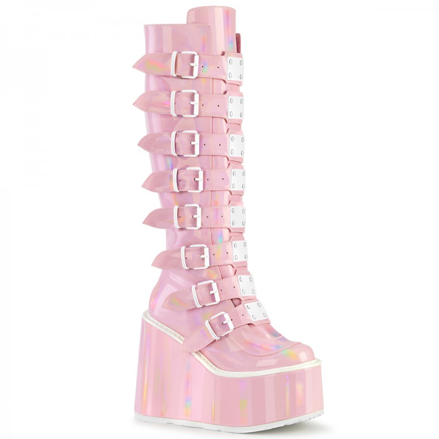 Swing Buckled Pink Hologram Womens Platform Gothic Boots