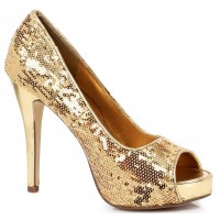 Gold Flamingo Sequin Peep Toe Pumps