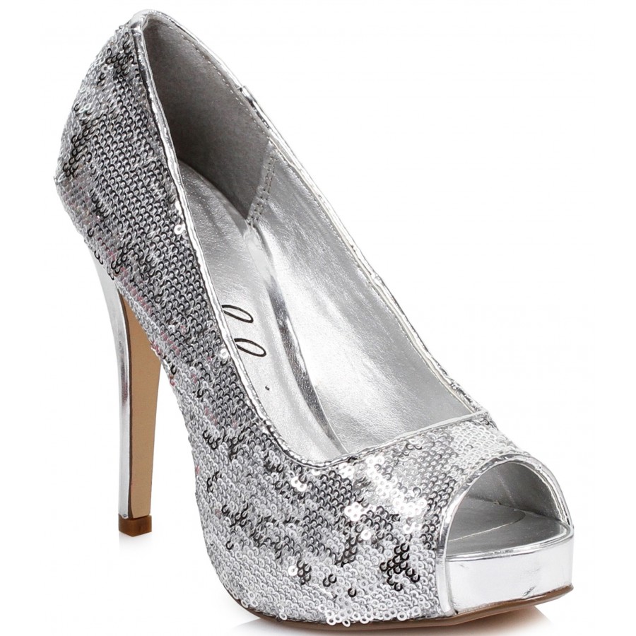 Silver Flamingo Sequin Peep Toe Pumps - High Heel Shoes for Women