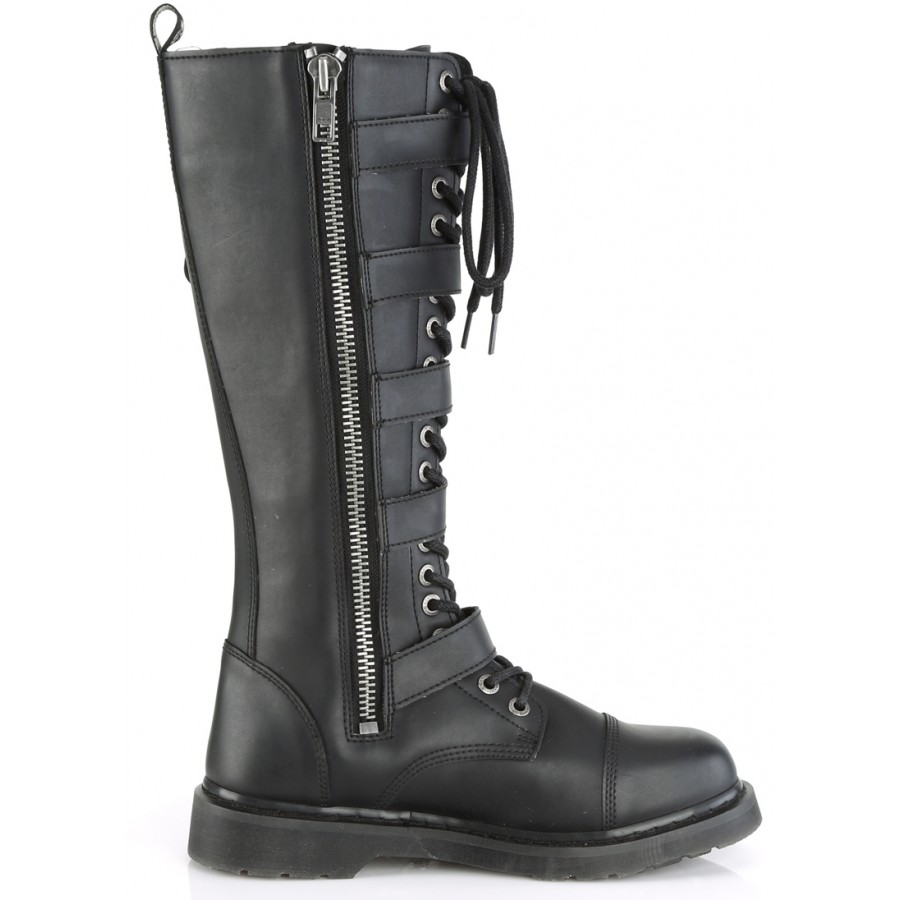 Bolt Mens Knee High Combat Boot with Buckled Straps Gothic Biker Boots