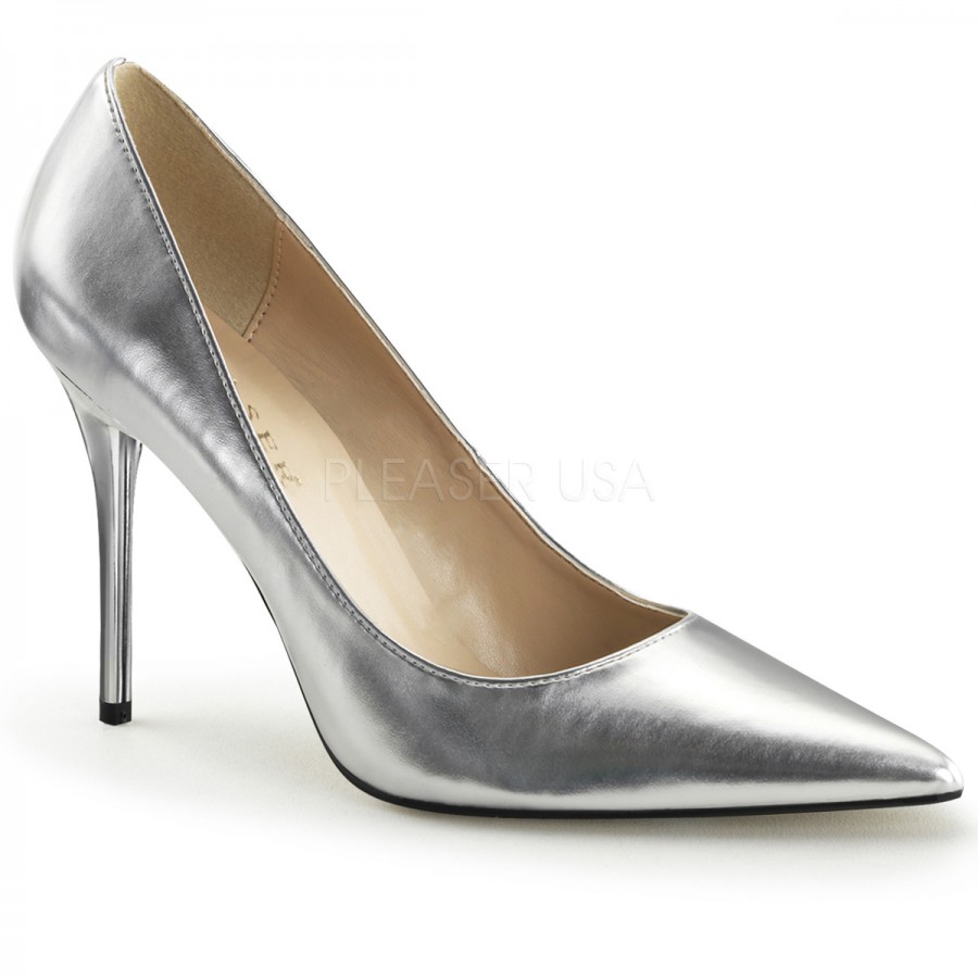 metallic silver closed toe heels