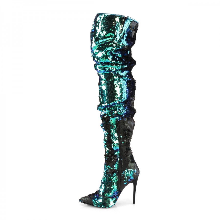 Courtly Green Sequin Thigh High Slouch Boot | Large Size Womens Boots