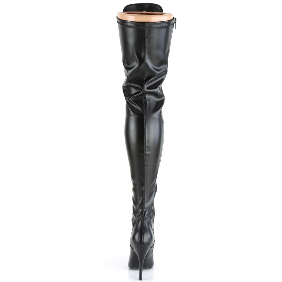 Lace Up Front Thigh High Black Boots in Black Faux Leather